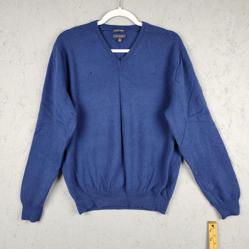 Club Room Sweater Mens Medium Blue 100% Cashmere V Neck Pullover Soft Knit Holes
